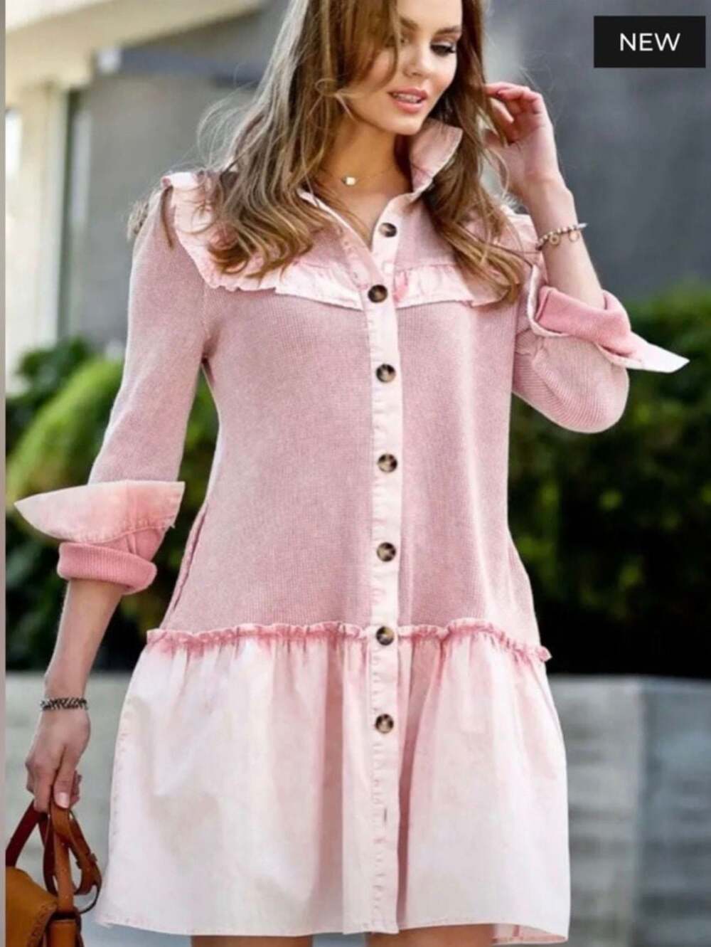 Mazik Pink Waffle-Textured Ruffled Button-Up Shirt, Size S